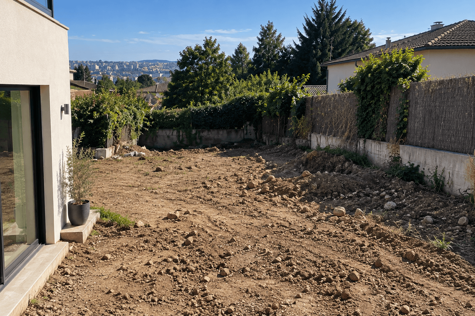 Aménagement complet d'un jardin dans l'Ouest lyonnais — avant